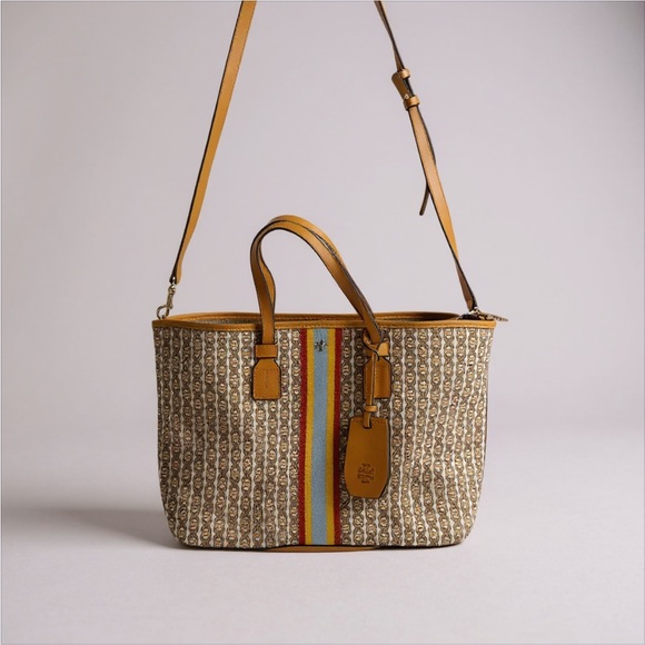 Tory Burch Gemini Link Canvas Tote Purse Bag, Daylily Mustard Yellow - Picture 4 of 11